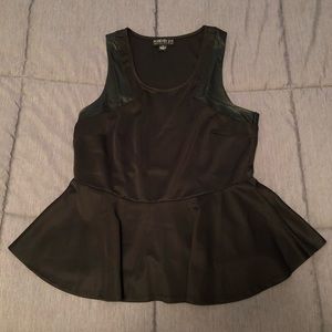 Black Peplum Top with Leather Detail